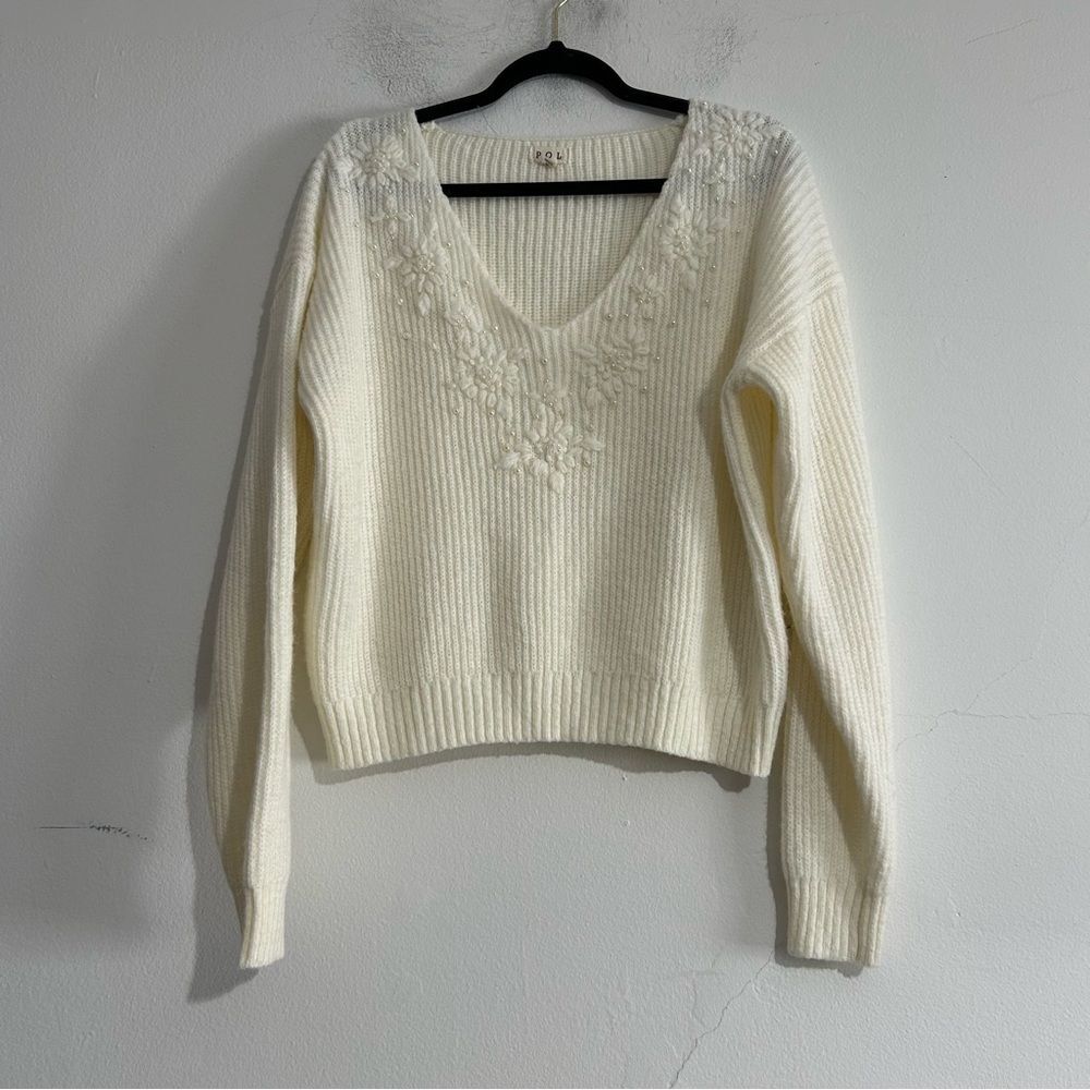 POL Cream V-Neck Pearl Beaded Floral Sweater Size Small Boho Coquette
